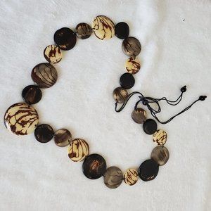 ~ Vintage Long Necklace Brown/ white disk.